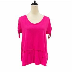 Neon Buddha Hot Pink 100% Cotton Tie Sleeve Hi-Low Distressed Lagenlook Top